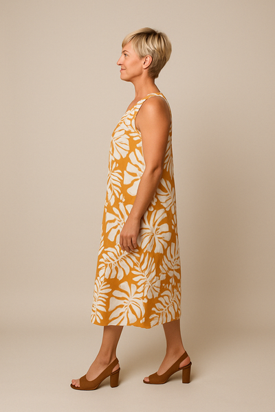 Hadewych™ | ELEGANTE MOUWLOZE JURK MET BLADPRINT