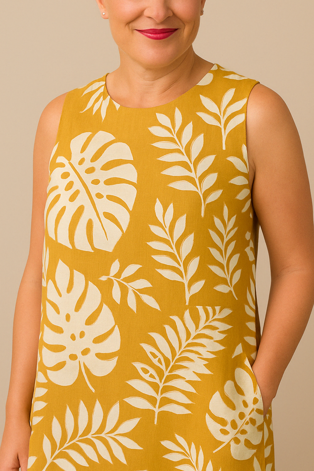 Hadewych™ | ELEGANTE MOUWLOZE JURK MET BLADPRINT