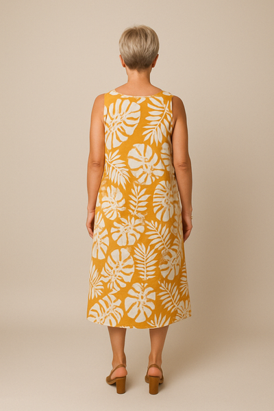 Hadewych™ | ELEGANTE MOUWLOZE JURK MET BLADPRINT