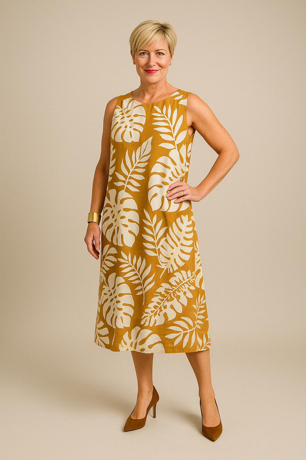 Hadewych™ | ELEGANTE MOUWLOZE JURK MET BLADPRINT